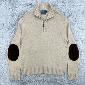 Polo Ralph Lauren Sweater Mens XL Beige Elbow Patch Hemp Blend Fisherman 1/4 Zip